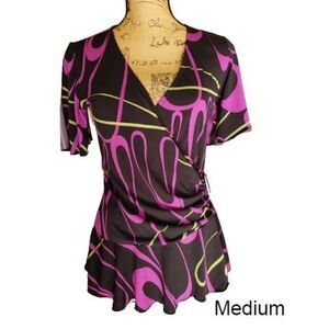 Vintage Women's Y2K Blouse V Neck Side Buckle Wrap Style Top Medium Glam NWOT
